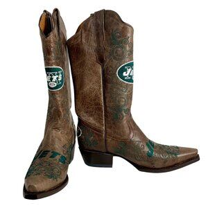 NFL Jets Womens Western Cowboy Boots Embroidered Leather SZ 8.5 Made In Mexico